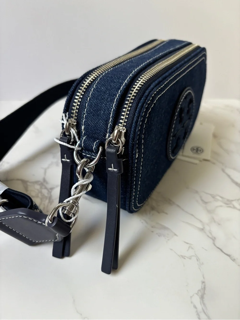 New Tory Burch Mini Miller Denim Crossbody Bag Blue Logo Jacquard Strap